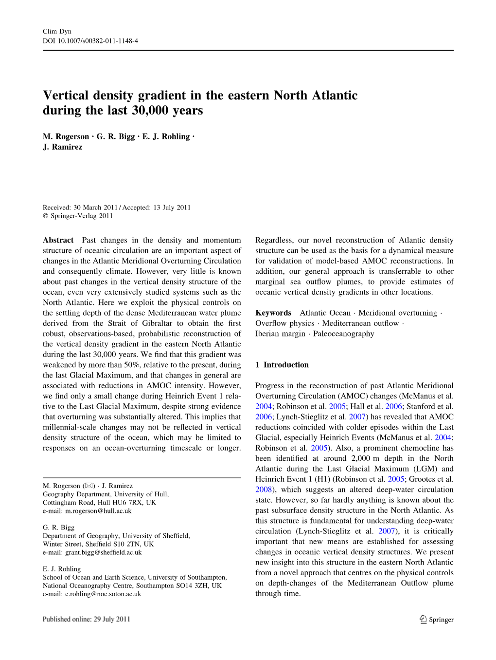 Vertical Density Gradient in the Eastern North Atlantic During the Last 30,000 Years