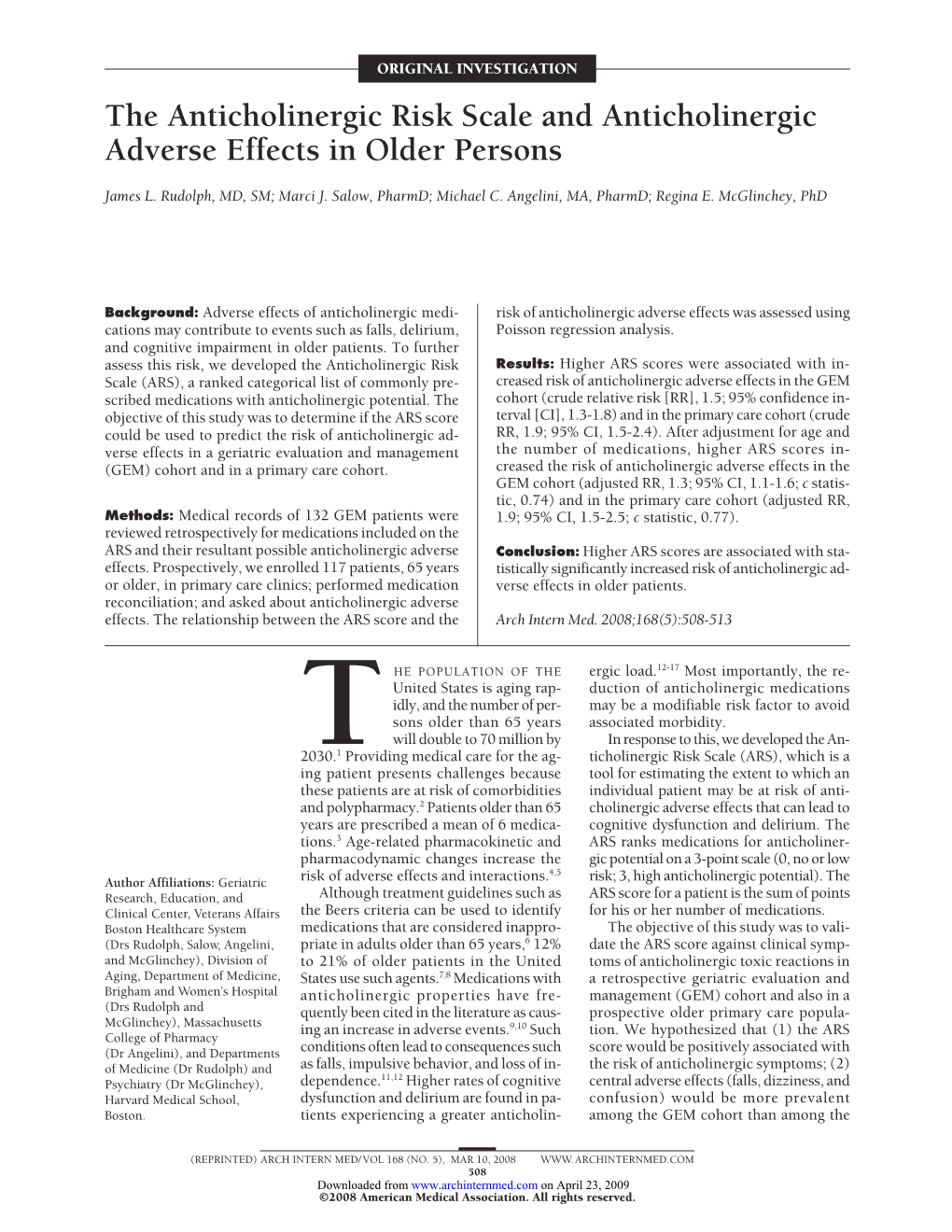 The Anticholinergic Risk Scale and Anticholinergic Adverse Effects in Older Persons