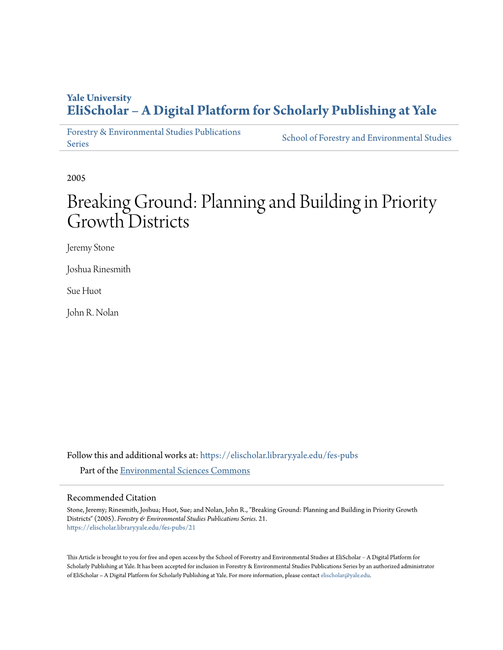 Breaking Ground: Planning and Building in Priority Growth Districts Jeremy Stone