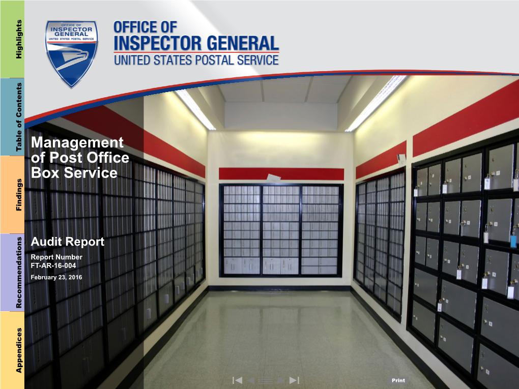 Management of Post Office Box Service. Report Number FT-AR-16-004