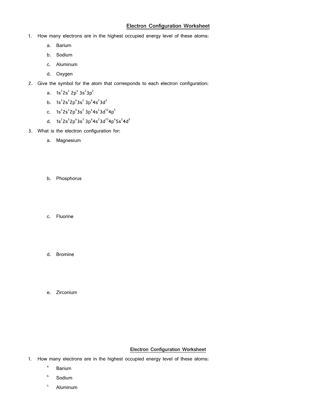 Electron Configuration Worksheet s2