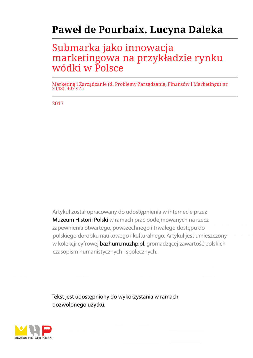 Paweł De Pourbaix, Lucyna Daleka Submarka Jako Innowacja Marketingowa Na Przykładzie Rynku Wódki W Polsce