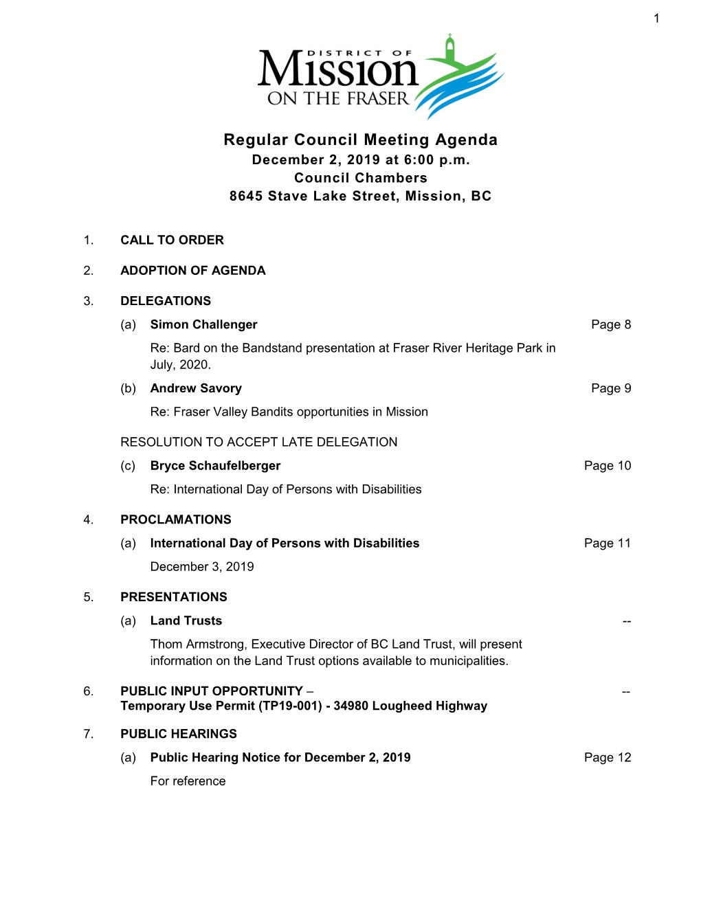 Regular Council Meeting Agenda December 2, 2019 at 6:00 P.M