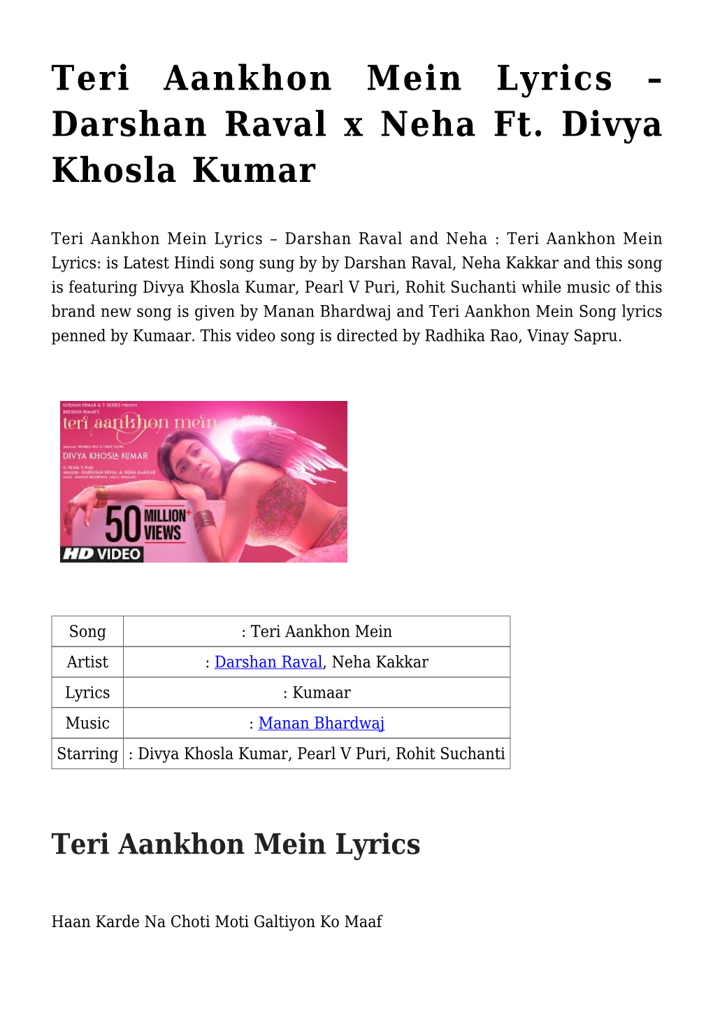 Teri Aankhon Mein Lyrics – Darshan Raval X Neha Ft