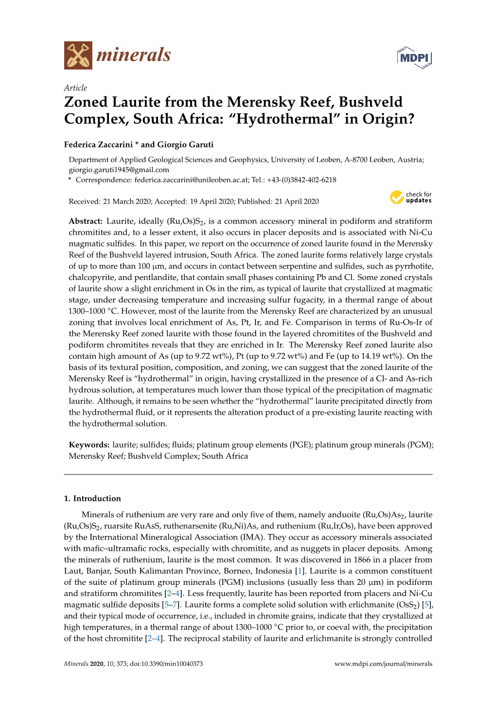 Zoned Laurite from the Merensky Reef, Bushveld Complex, South Africa: “Hydrothermal” in Origin?