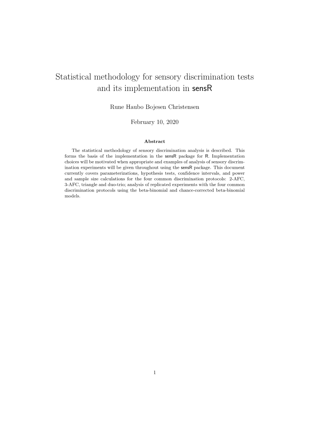 Statistical Methodology for Sensory Discrimination Tests and Its Implementation in Sensr