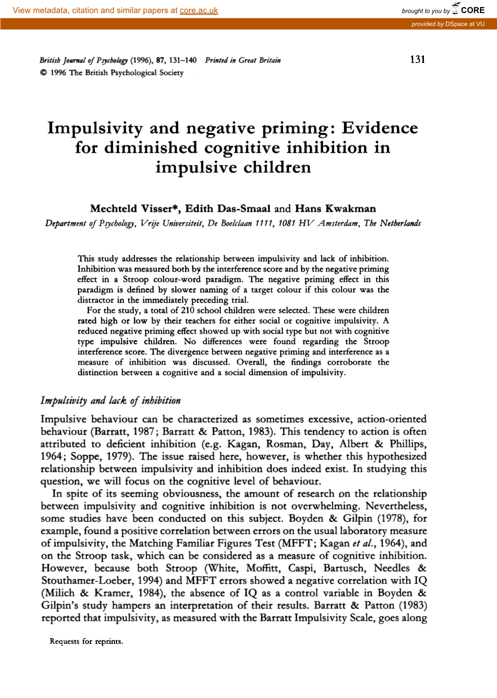 Impulsivity and Negative Priming: Evidence for Diminished Cognitive Inhibition in Im Pulsi Ve Children