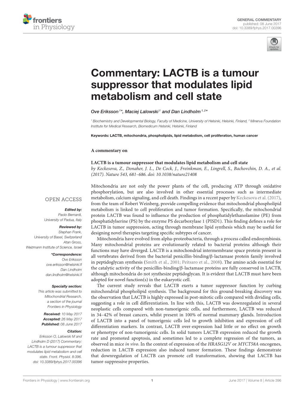 LACTB Is a Tumour Suppressor That Modulates Lipid Metabolism and Cell State