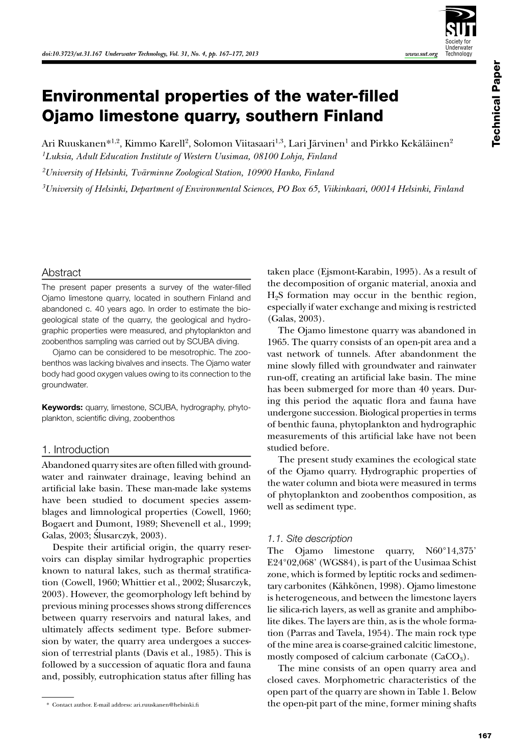 Environmental Properties of the Water-Filled Ojamo Limestone Quarry, Southern Finland