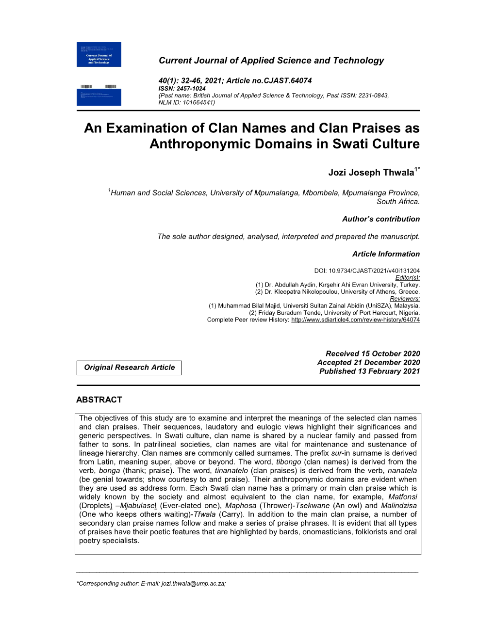 An Examination of Clan Names and Clan Praises As Anthroponymic Domains in Swati Culture