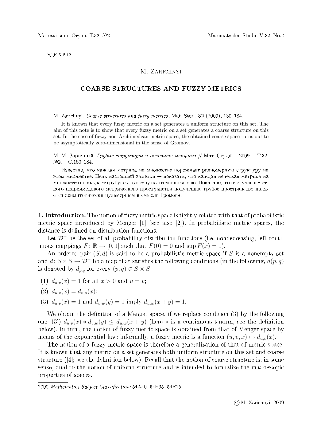 M. Zarichnyi COARSE STRUCTURES and FUZZY METRICS