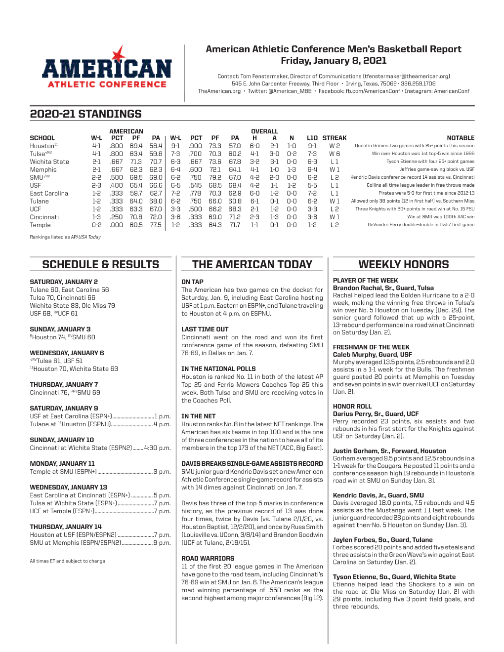 The American Today 2020-21 Standings Weekly Honors