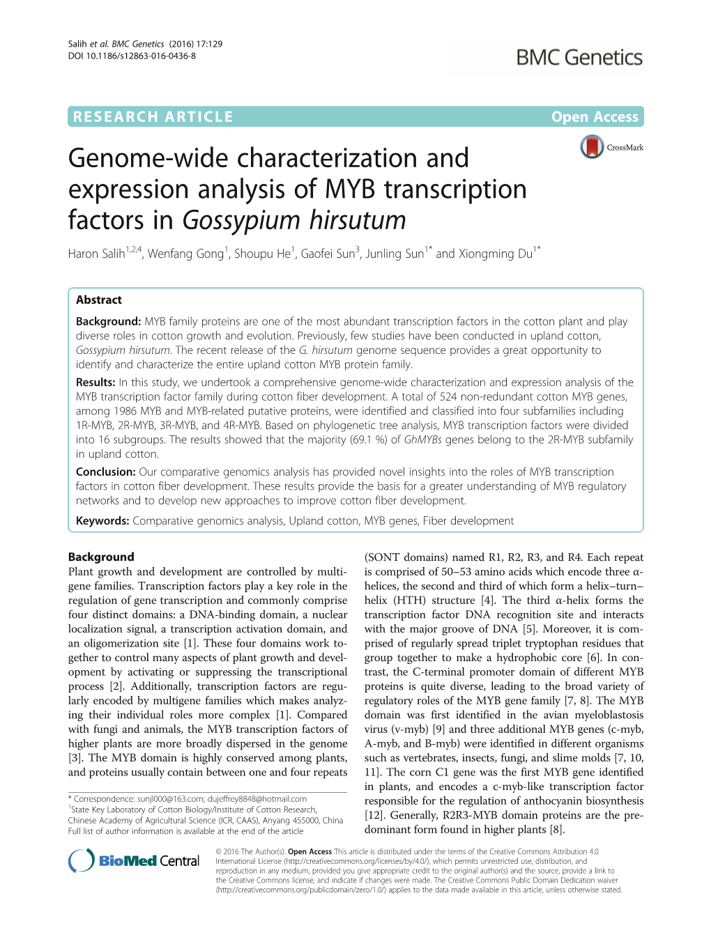 Genome-Wide Characterization and Expression Analysis of MYB Transcription Factors in Gossypium Hirsutum