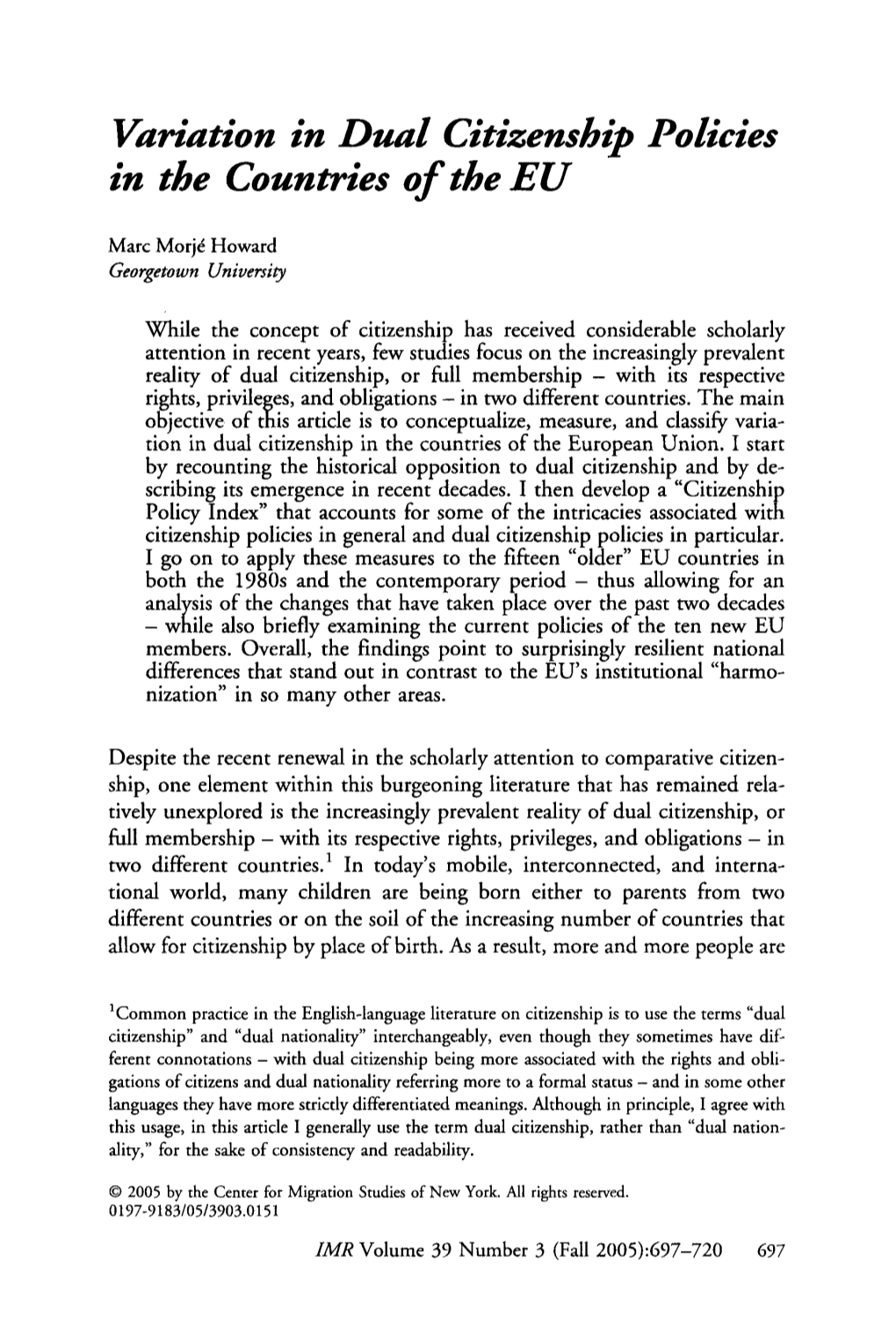 Variation in Dual Citizenship Policies in the Countries of the European Union (EU)