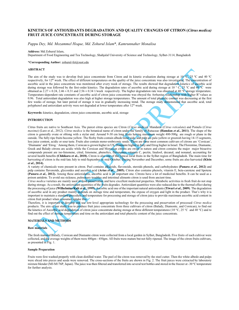 KINETICS of ANTIOXIDANTS DEGRADATION and QUALITY CHANGES of CITRON (Citrus Medica) FRUIT JUICE CONCENTRATE DURING STORAGE Pappu