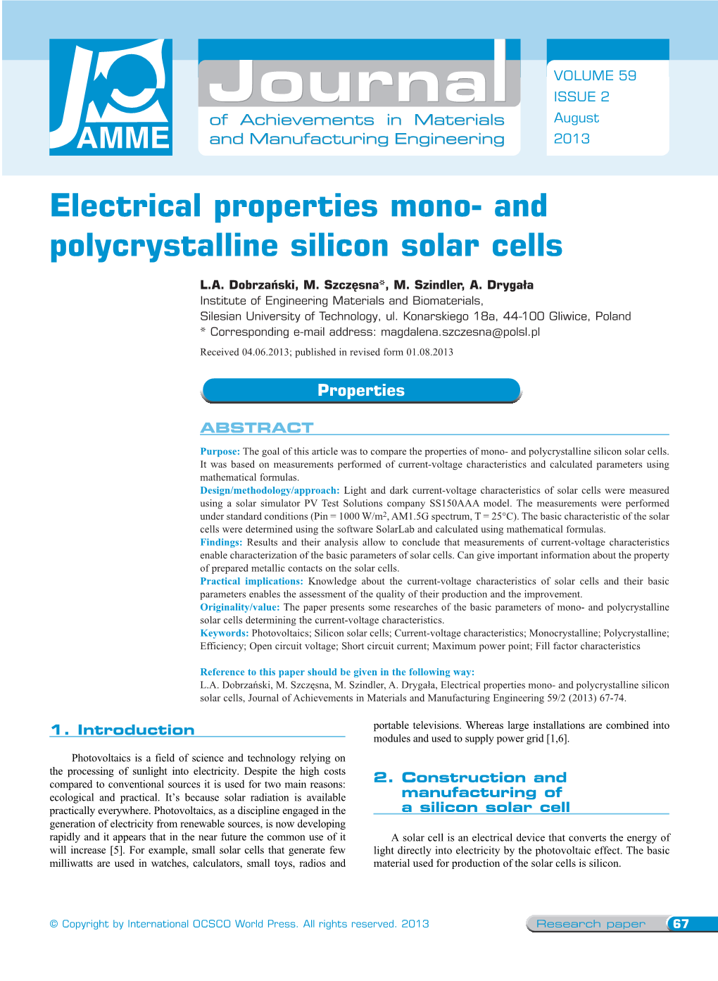 Electrical Properties Mono- and Polycrystalline Silicon Solar Cells