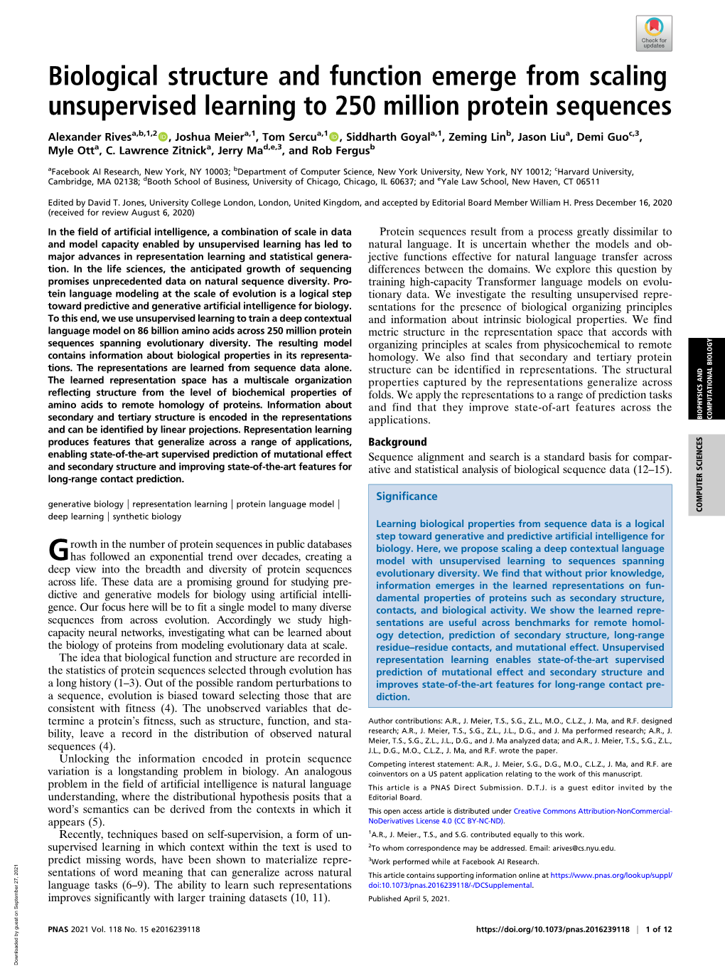 Biological Structure and Function Emerge from Scaling Unsupervised Learning to 250 Million Protein Sequences