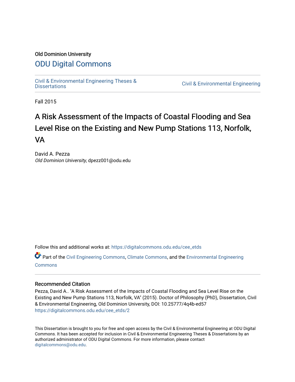 A Risk Assessment of the Impacts of Coastal Flooding and Sea Level Rise on the Existing and New Pump Stations 113, Norfolk, VA