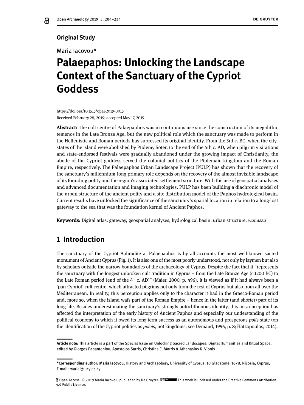 Palaepaphos: Unlocking the Landscape Context of the Sanctuary of the Cypriot Goddess
