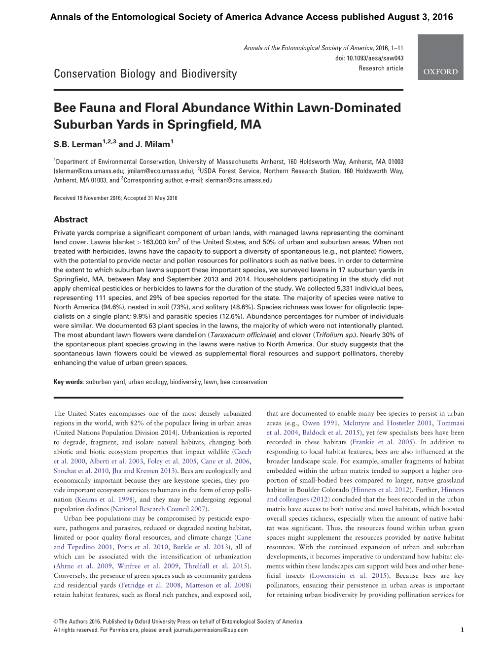 Bee Fauna and Floral Abundance Within Lawn-Dominated Suburban Yards in Springfield, MA