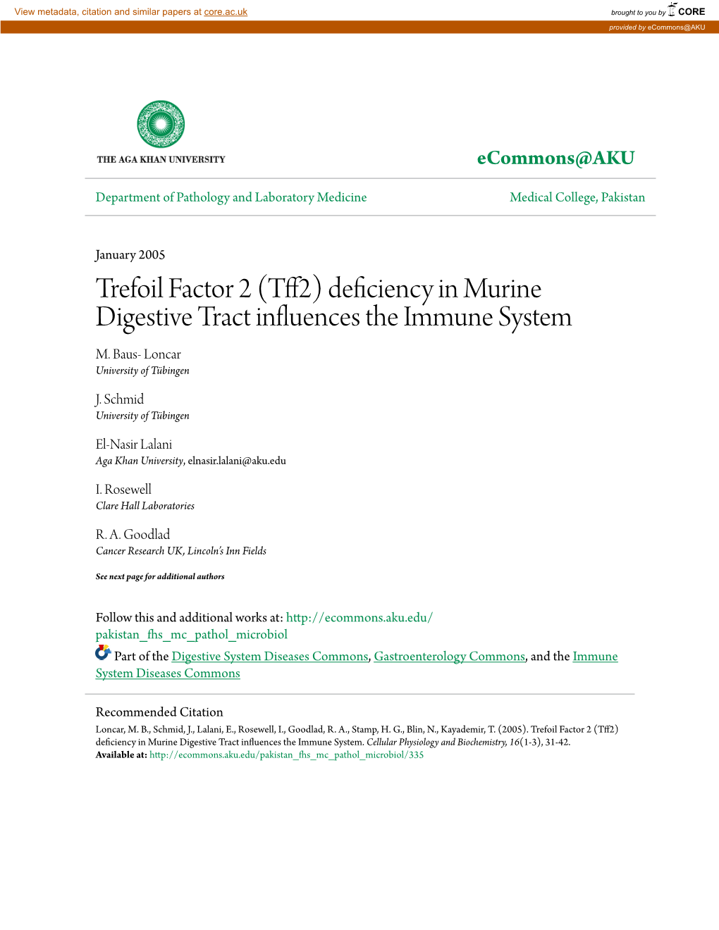 Trefoil Factor 2 (Tff2) Deficiency in Murine Digestive Tract Influences the Immune System M