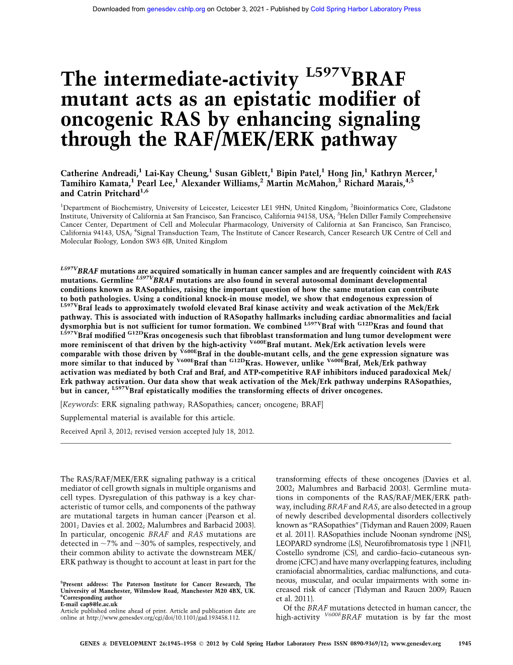 L597VBRAF Mutant Acts As an Epistatic Modifier of Oncogenic RAS by Enhancing Signaling Through the RAF/MEK/ERK Pathway