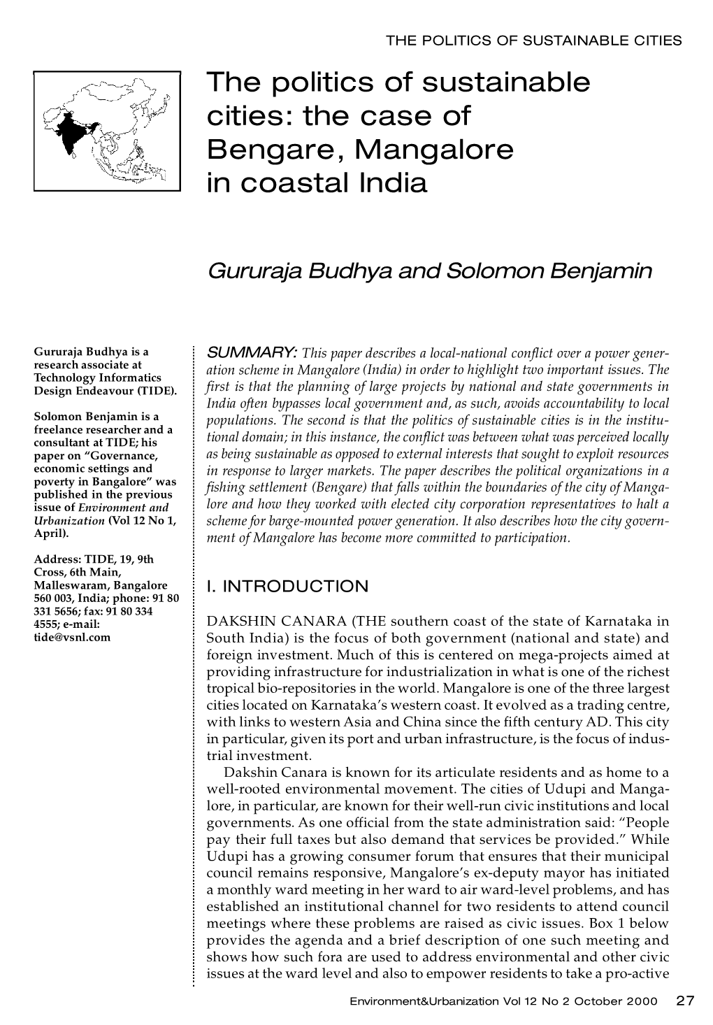 The Politics of Sustainable Cities: the Case of Bengare, Mangalore in Coastal India