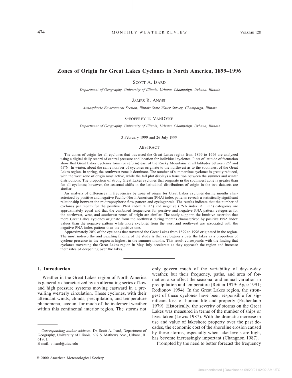 Zones of Origin for Great Lakes Cyclones in North America, 1899±1996