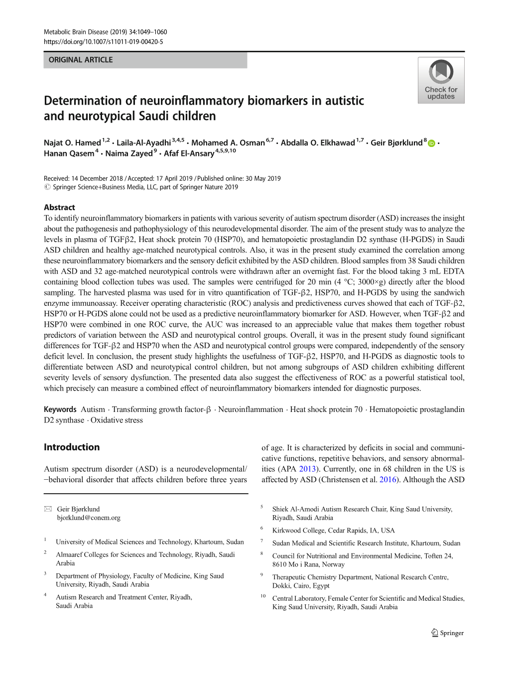 Determination of Neuroinflammatory Biomarkers in Autistic and Neurotypical Saudi Children