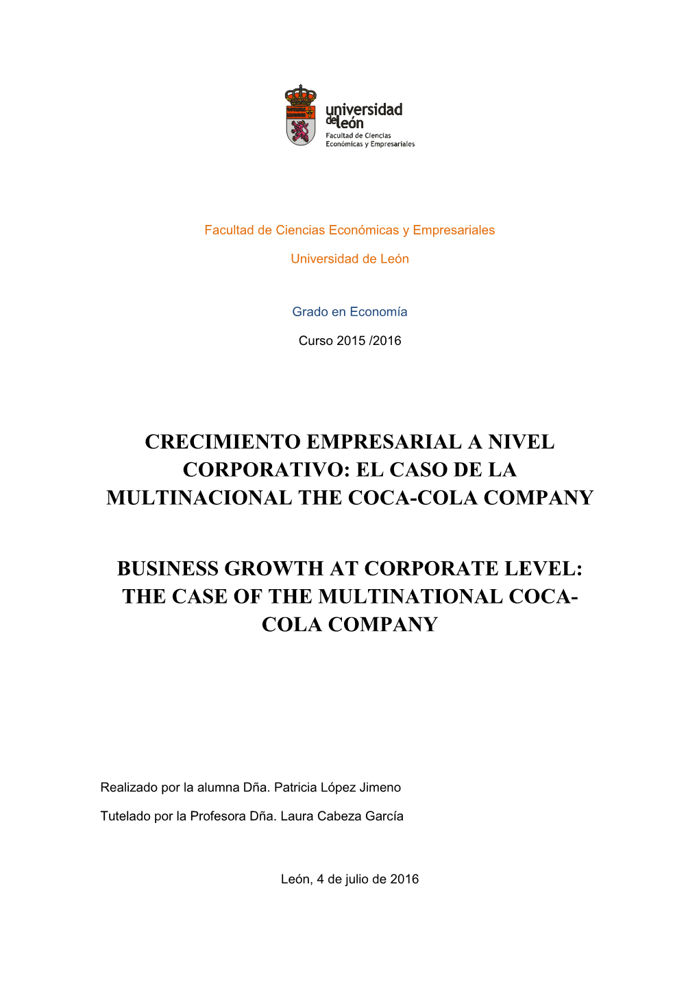 Crecimiento Empresarial a Nivel Corporativo: El Caso De La Multinacional the Coca-Cola Company