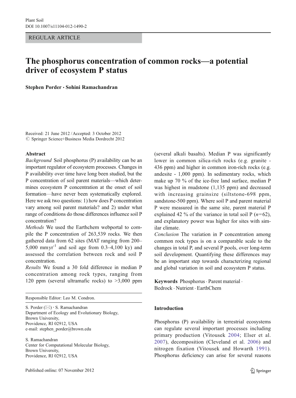 The Phosphorus Concentration of Common Rocks—A Potential Driver of Ecosystem P Status