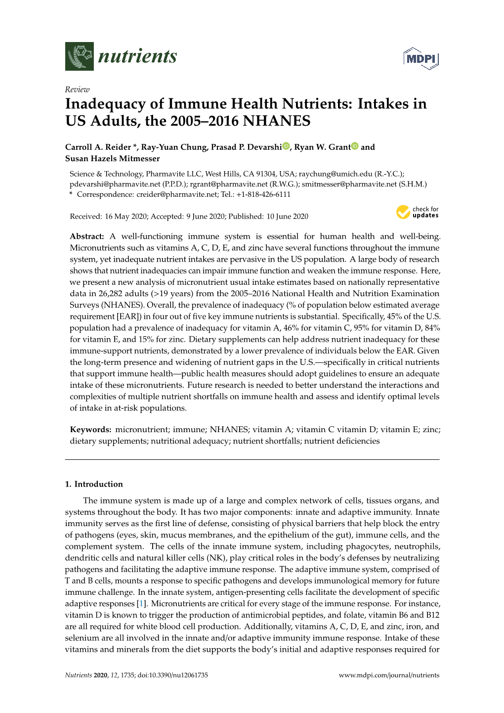 Inadequacy of Immune Health Nutrients: Intakes in US Adults, the 2005–2016 NHANES