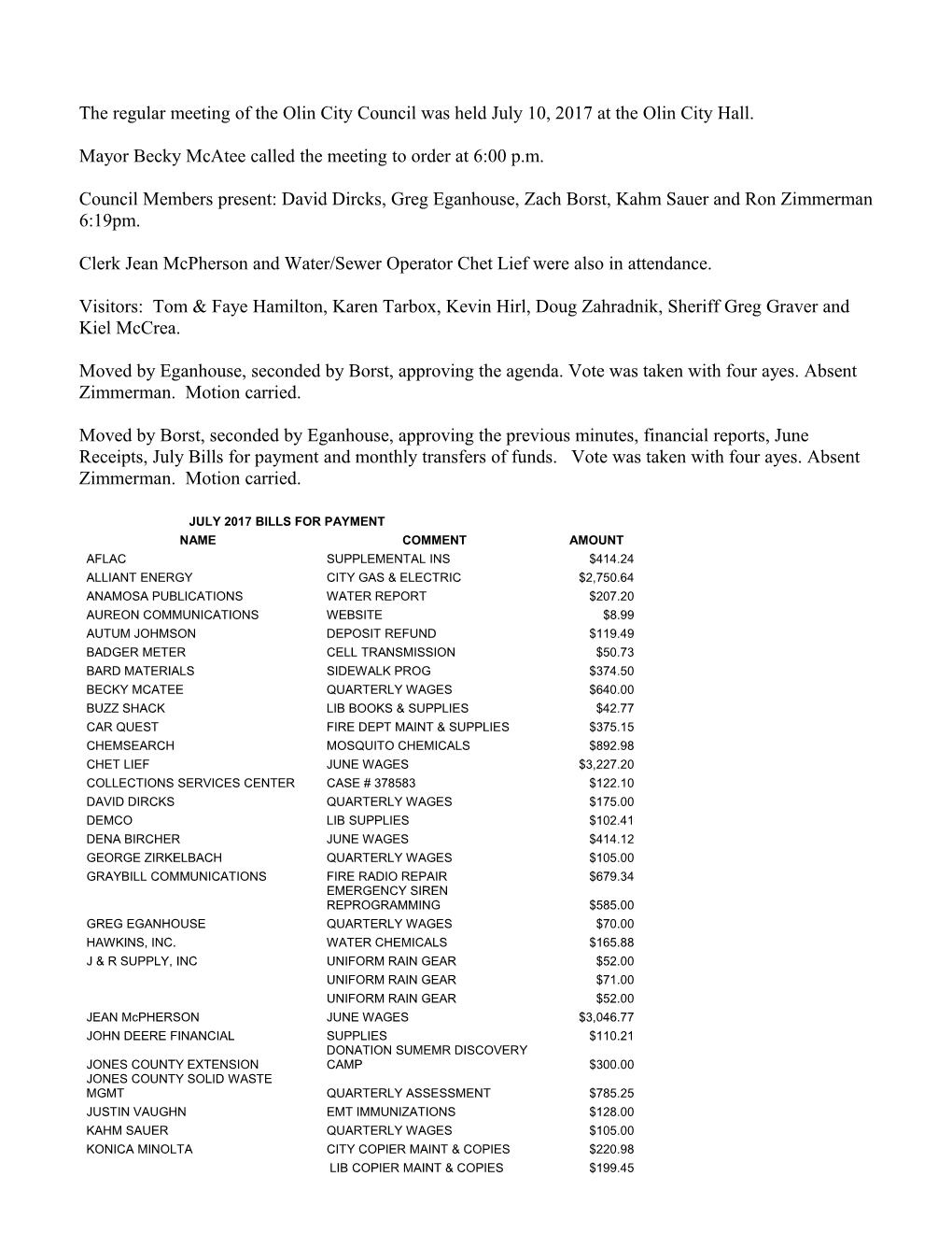 The Regular Meeting of the Olin City Council Was Held November 14, 2005 at the Olin City Hall s1