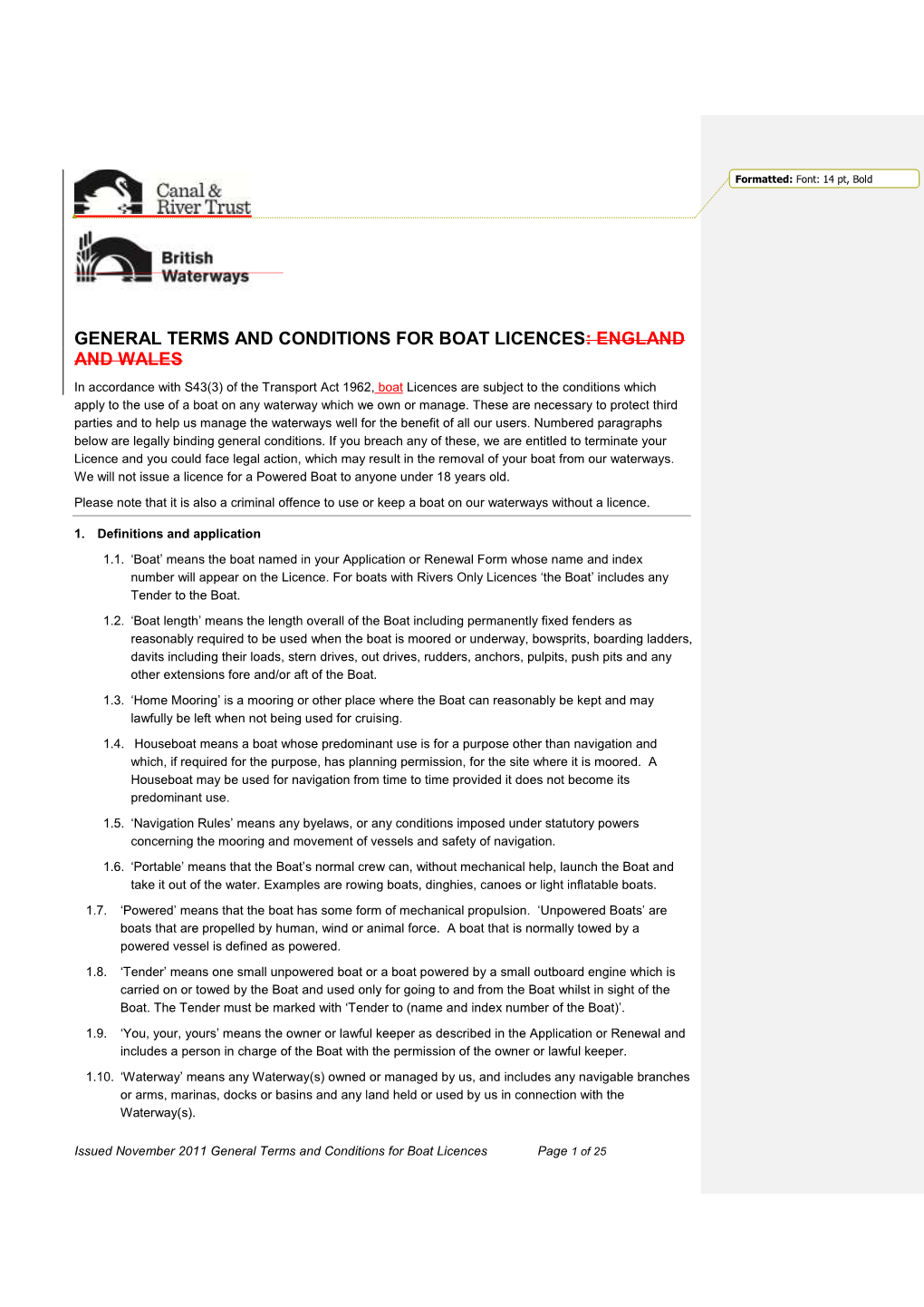 General Terms and Conditions for Boat Licences: England