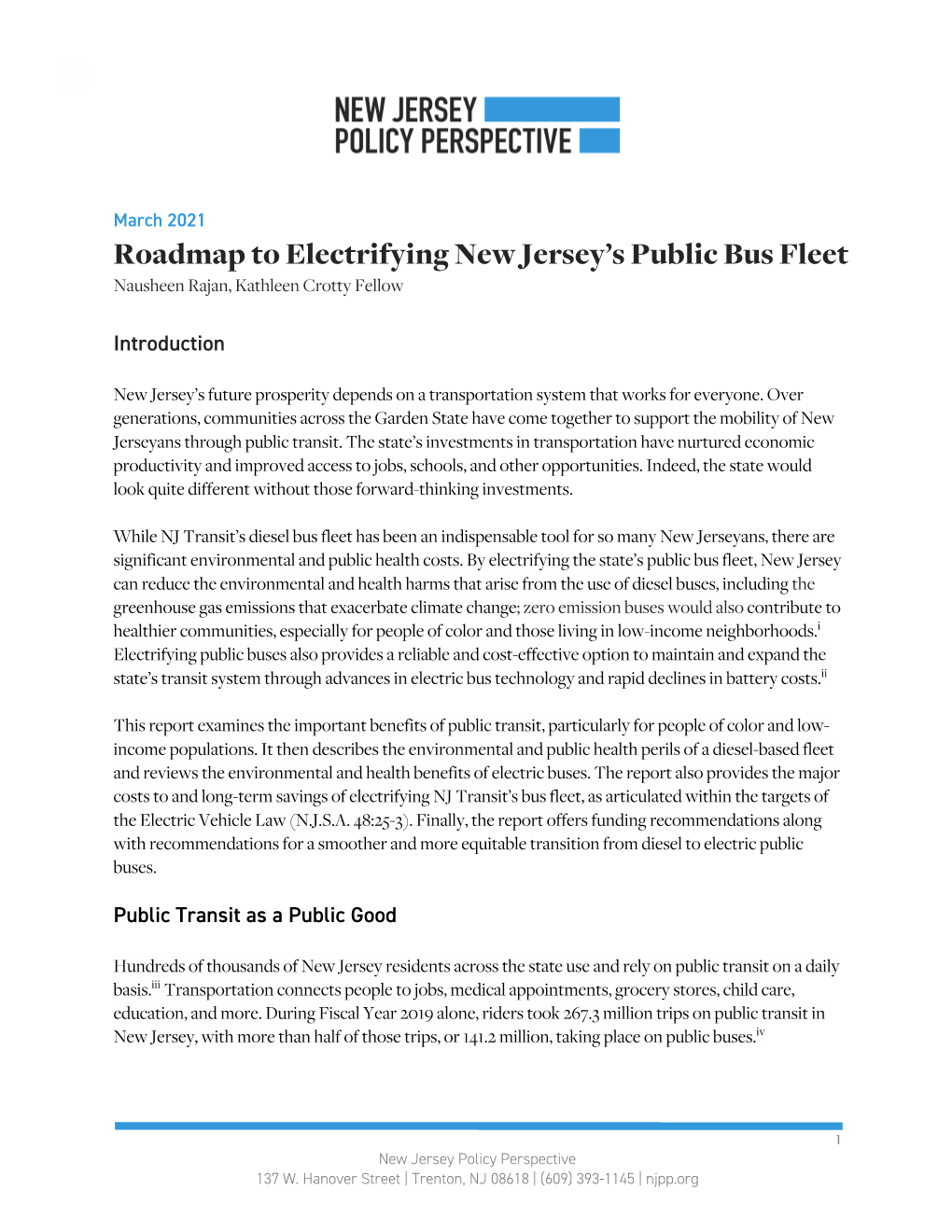 Roadmap to Electrifying New Jersey's Public Bus Fleet