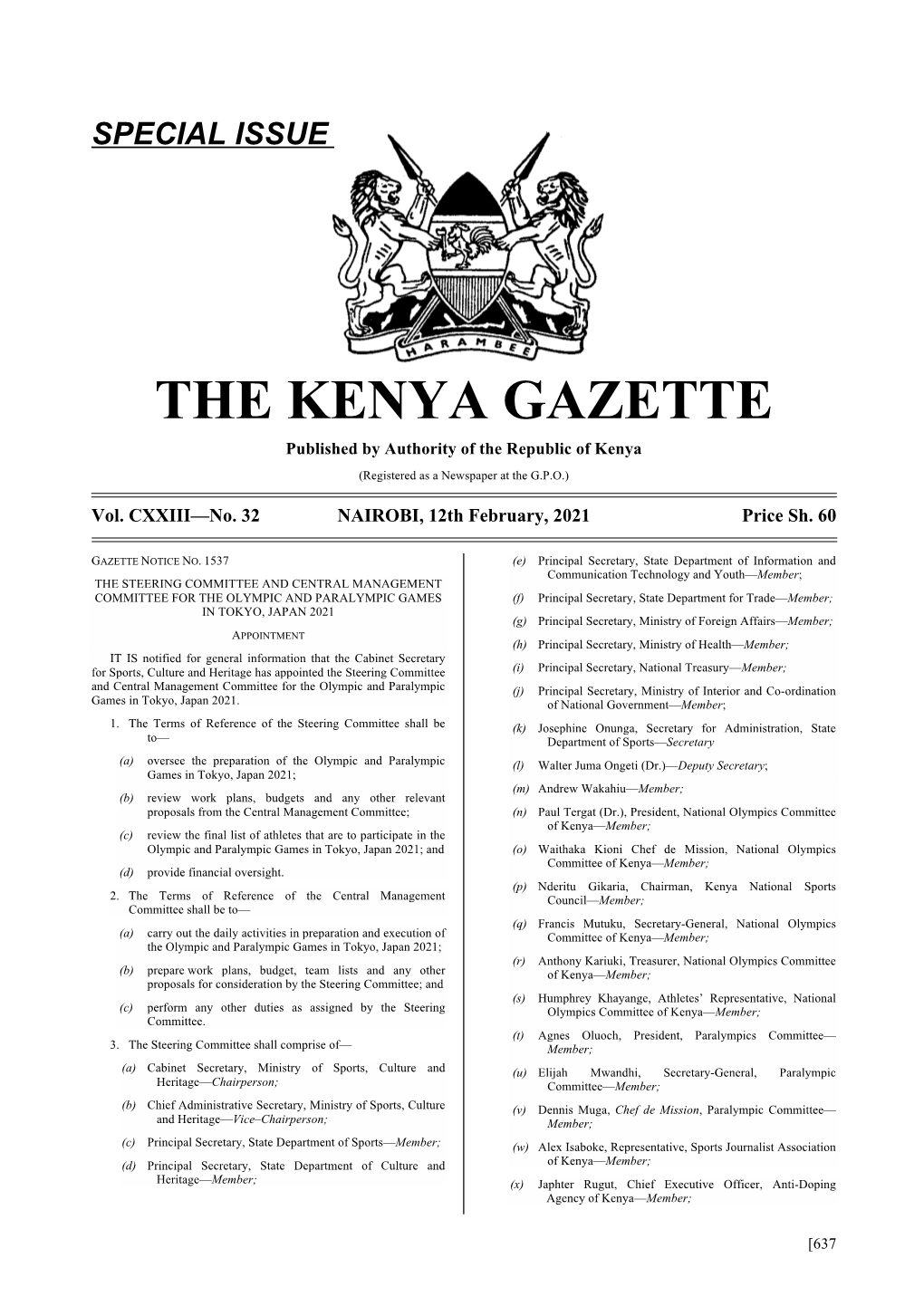 THE KENYA GAZETTE Published by Authority of the Republic of Kenya (Registered As a Newspaper at the G.P.O.)