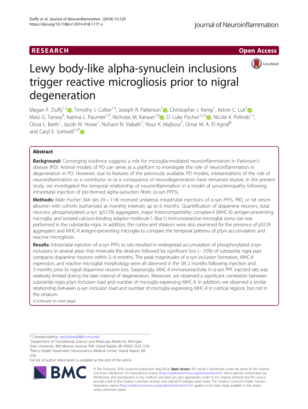 Lewy Body-Like Alpha-Synuclein Inclusions Trigger Reactive Microgliosis Prior to Nigral Degeneration Megan F