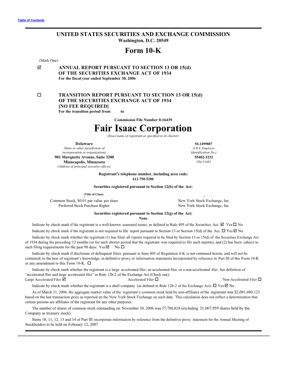 Fair Isaac Corporation (Exact Name of Registrant As Specified in Its Charter)