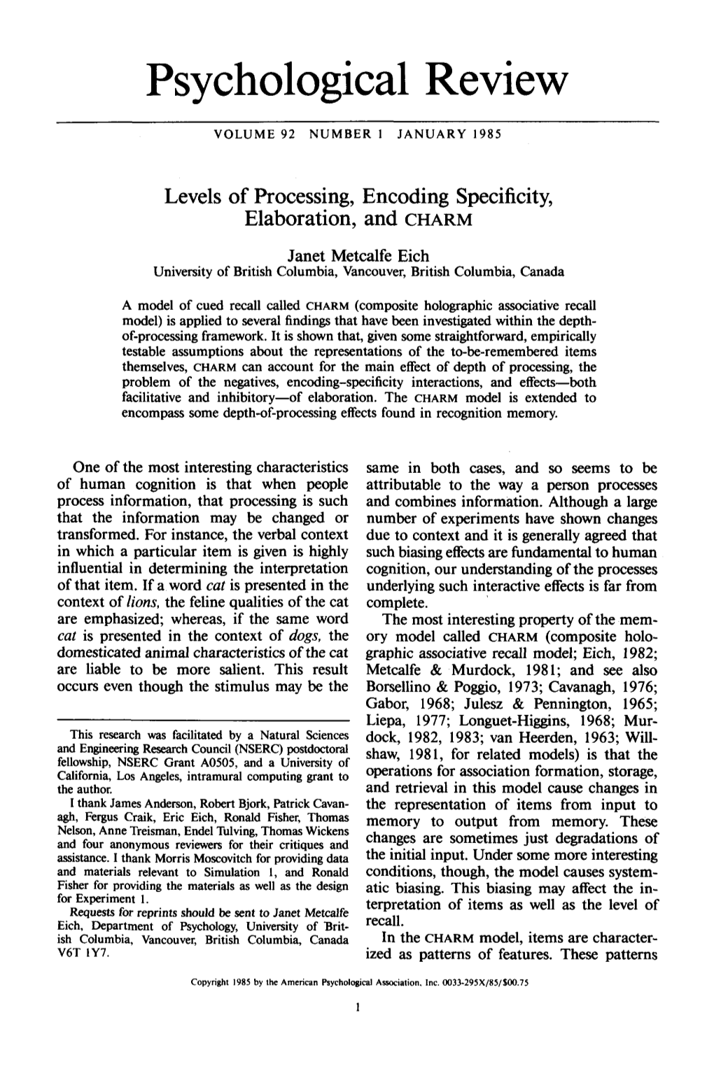 Levels of Processing, Encoding Specificity, Elaboration, and CHARM