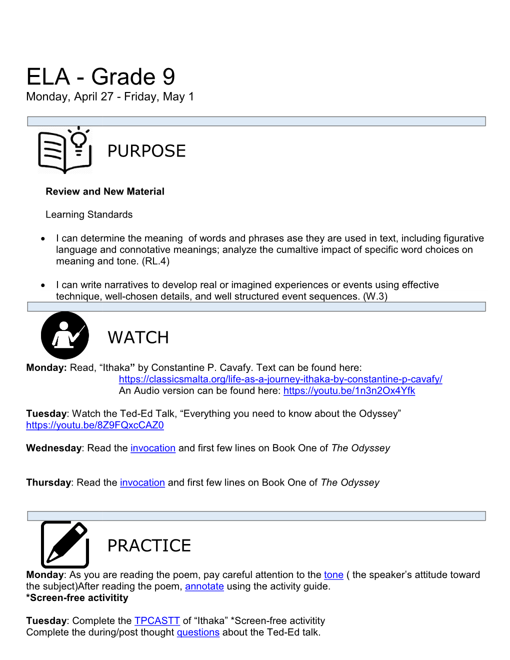 ELA - Grade 9 Monday, April 27 - Friday, May 1