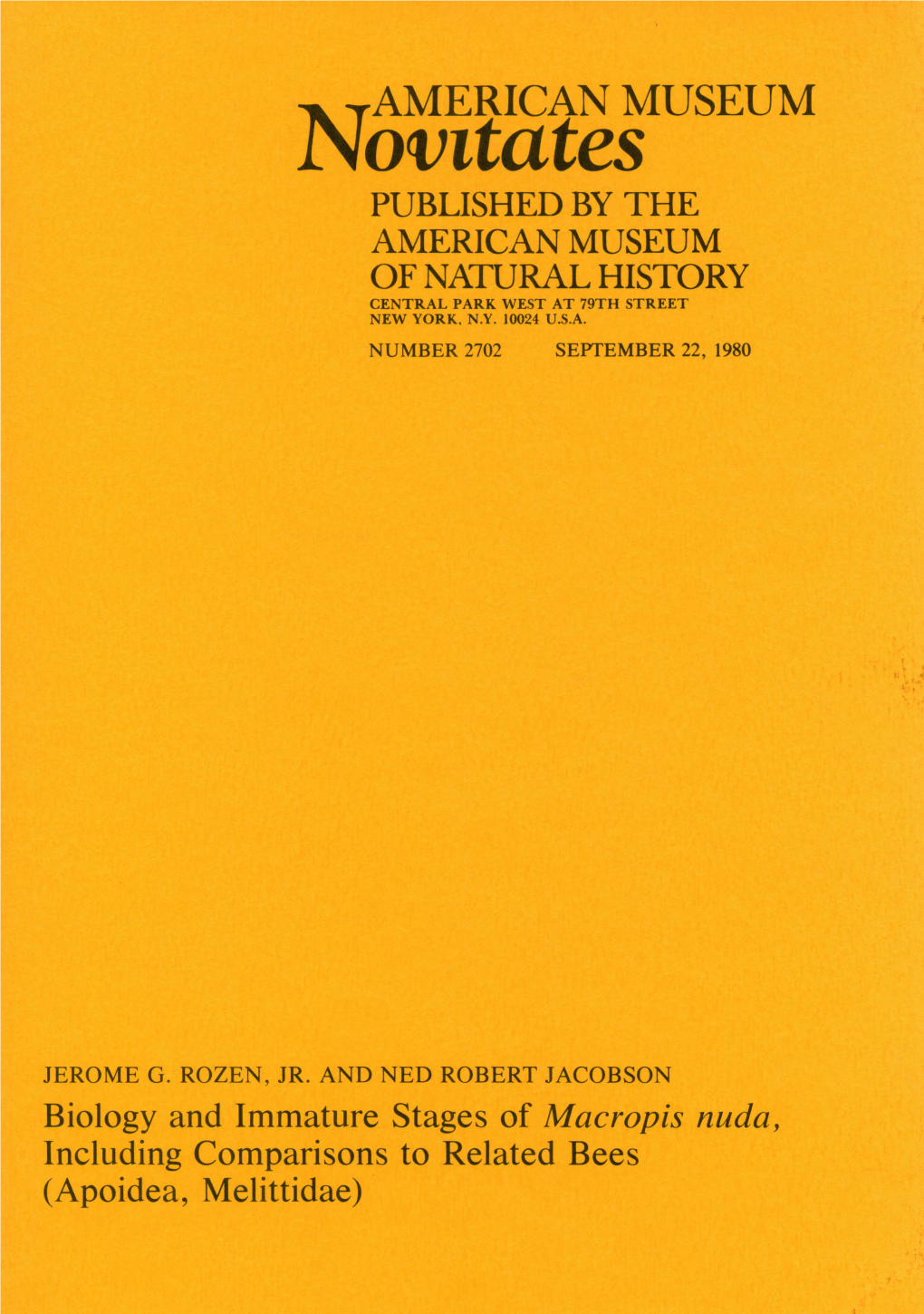 Novitatesamerican MUSEUM PUBLISHED by the AMERICAN MUSEUM of NATURAL HISTORY CENTRAL PARK WEST at 79TH STREET NEW YORK, N.Y