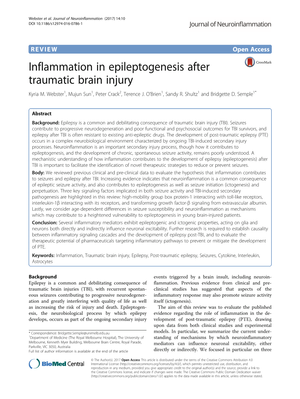 Inflammation in Epileptogenesis After Traumatic Brain Injury Kyria M