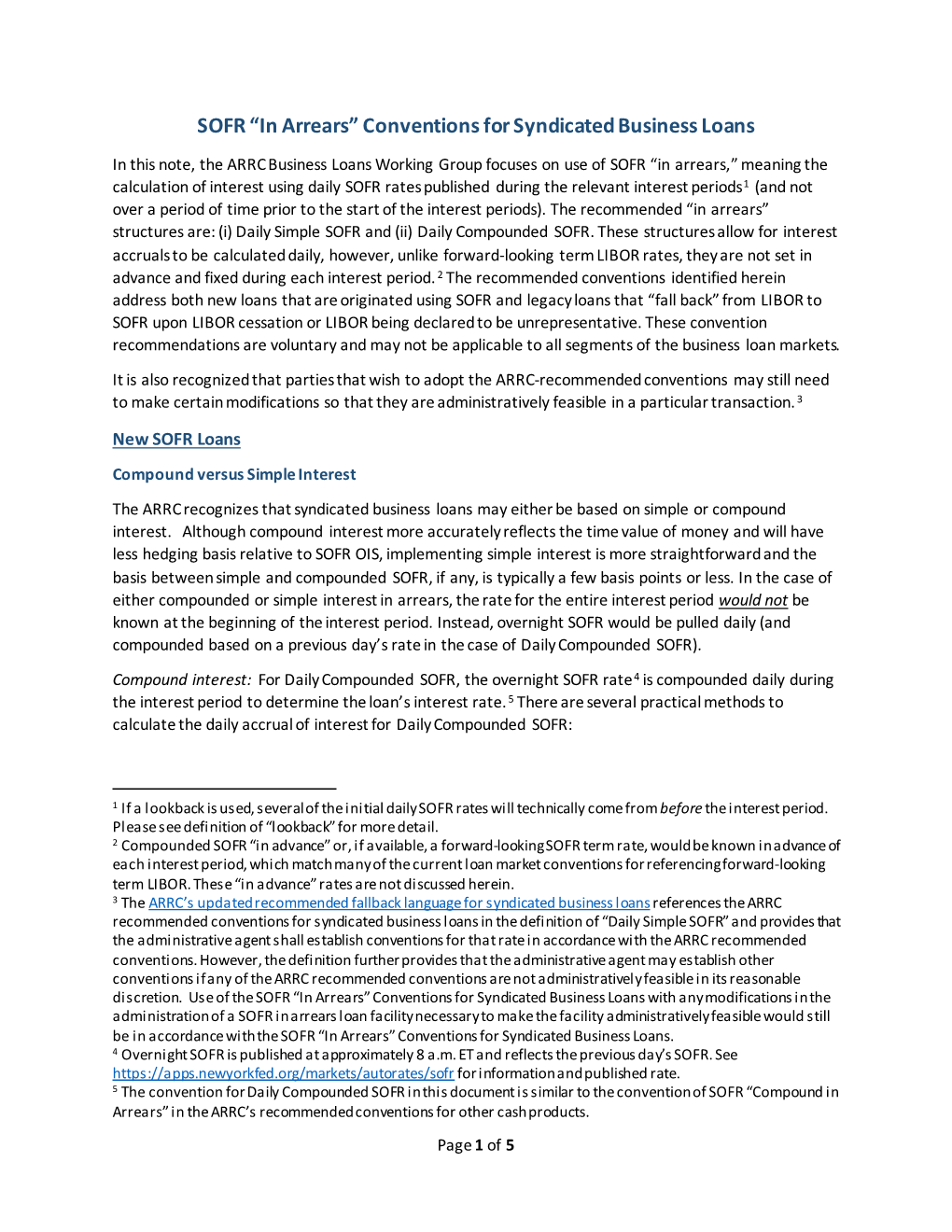 SOFR “In Arrears” Conventions for Syndicated Business Loans