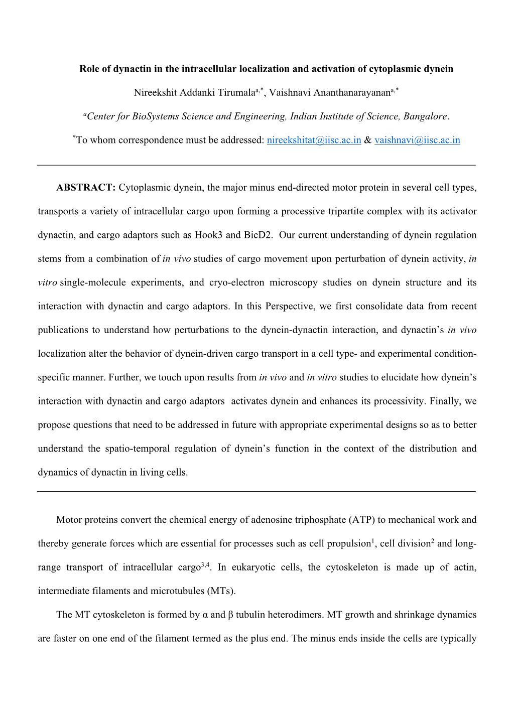 Role of Dynactin in the Intracellular Localization and Activation of Cytoplasmic Dynein