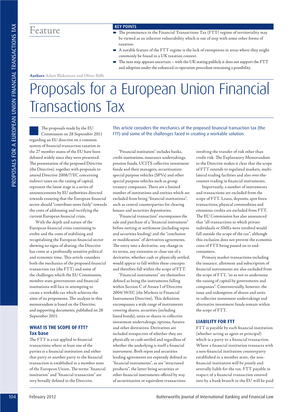 Proposals for a European Union Financial Transactions Tax