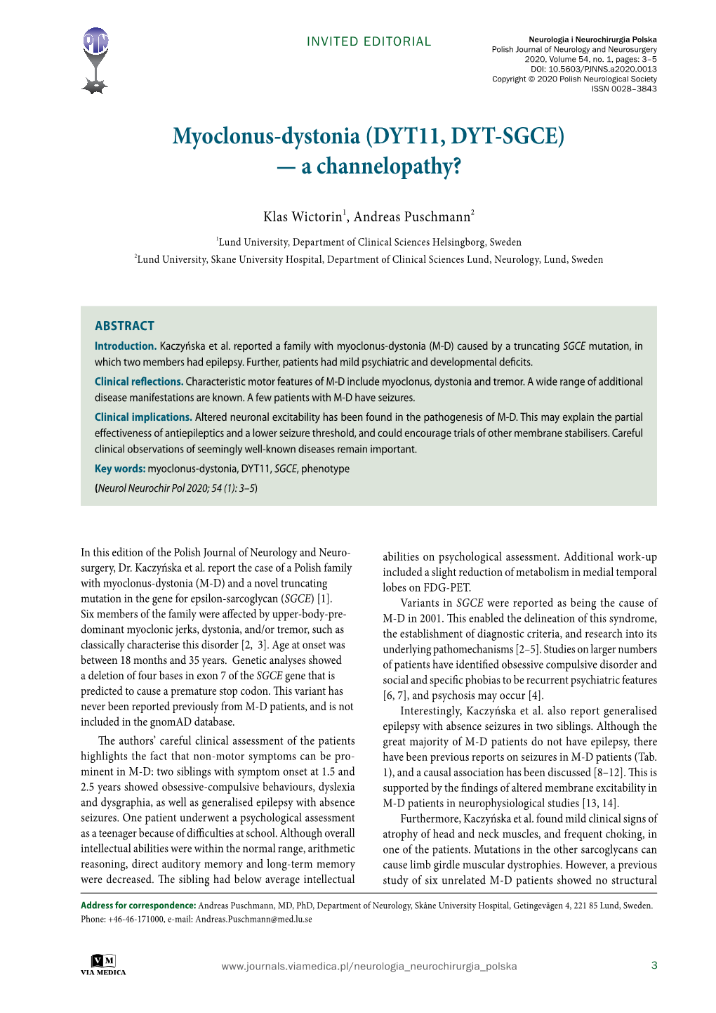 Myoclonus-Dystonia (DYT11, DYT-SGCE) — a Channelopathy?