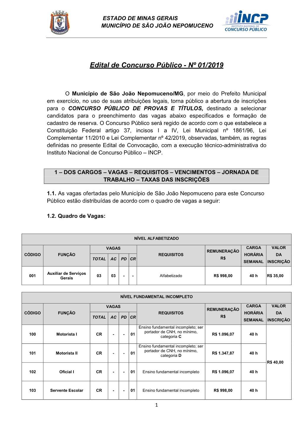 Edital De Concurso Público - Nº 01/2019