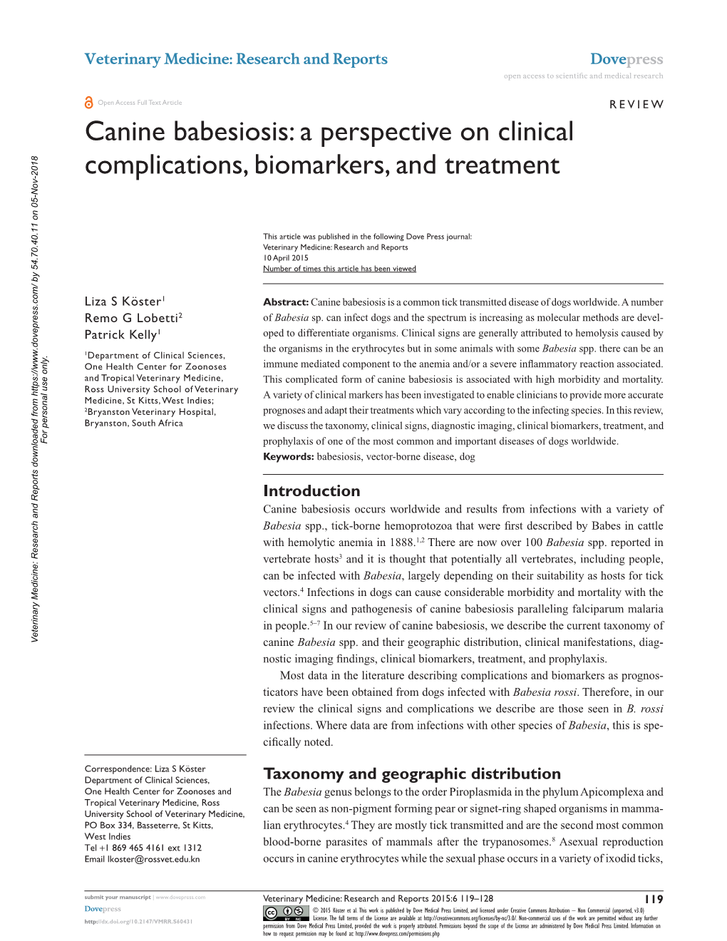 Canine Babesiosis: a Perspective on Clinical Complications, Biomarkers, and Treatment