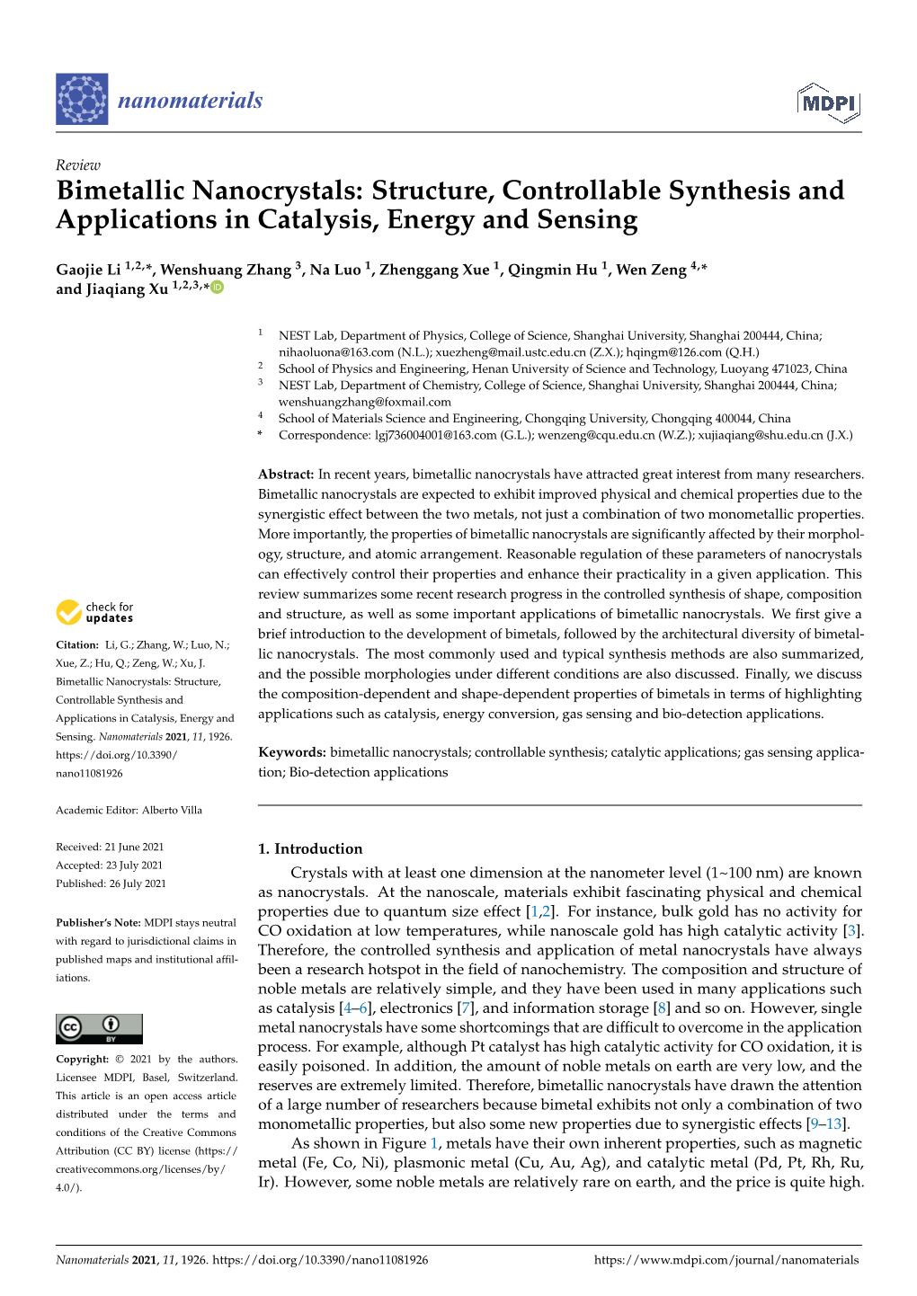 Structure, Controllable Synthesis and Applications in Catalysis, Energy and Sensing