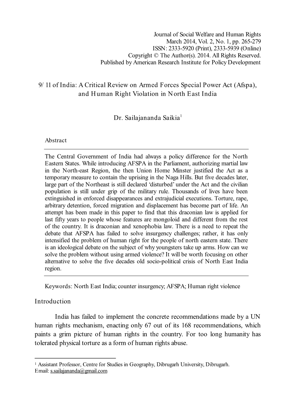 Afspa), and Human Right Violation in North East India